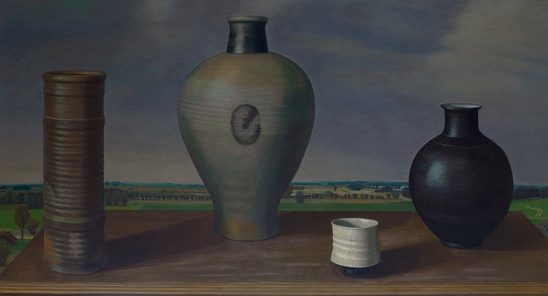 Lars Lehmann – 4 Gefäße (Armin Rieger), 2015. Öl auf Hartfaser, 75,5 x 142 cm